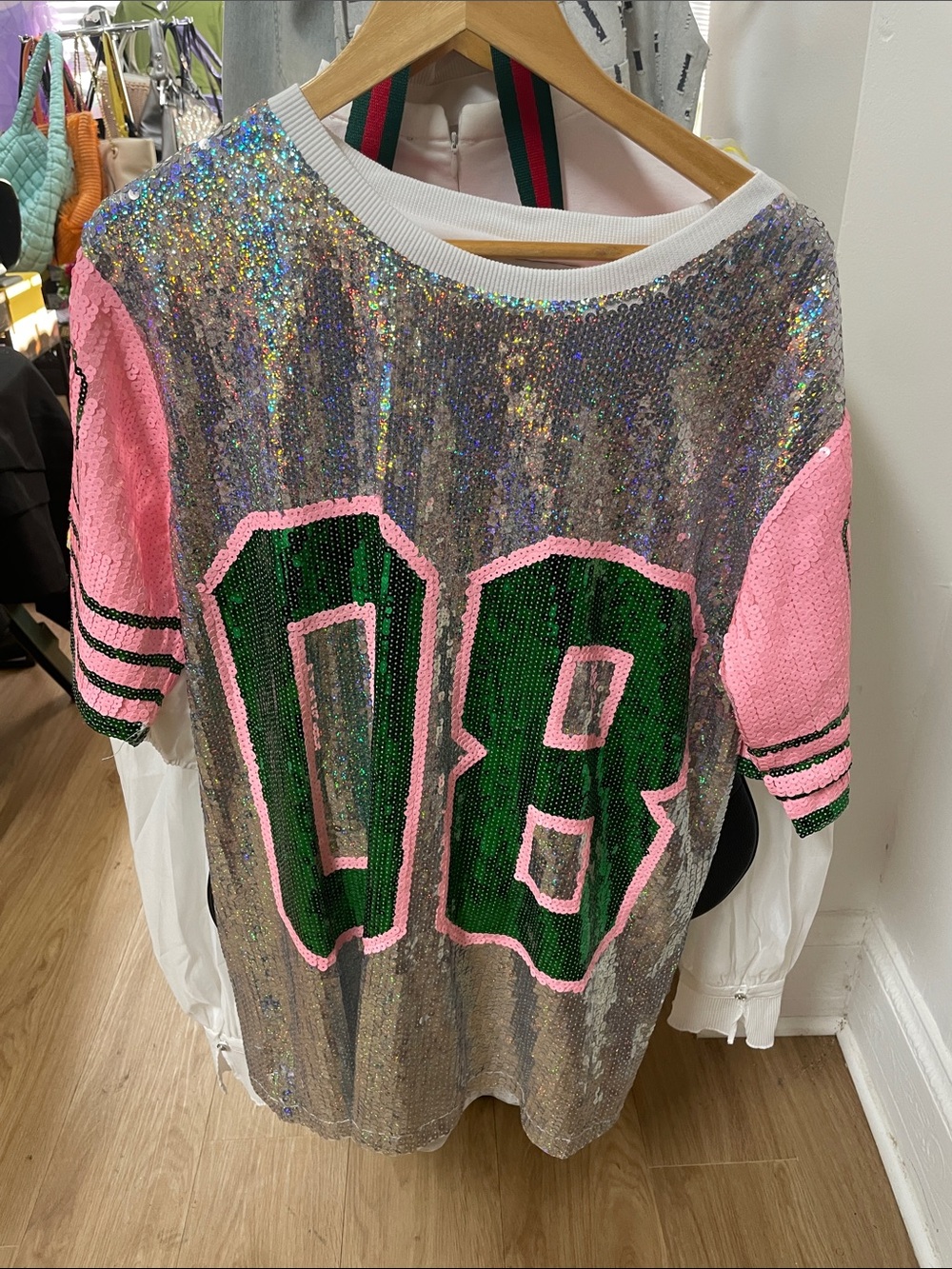 DAVI & DANI Sequin Jersey Top in Silver, Pink & Green